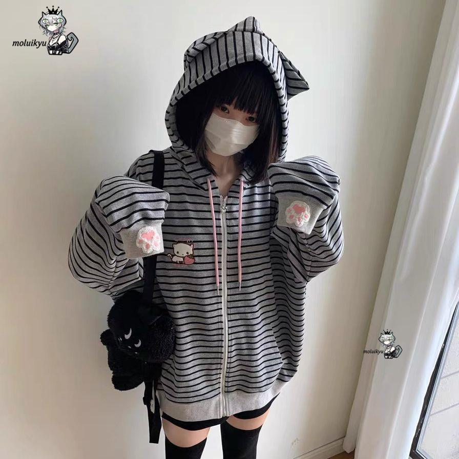 Embroidery Jacket - Y2K Women Striped Zip Up Jacket