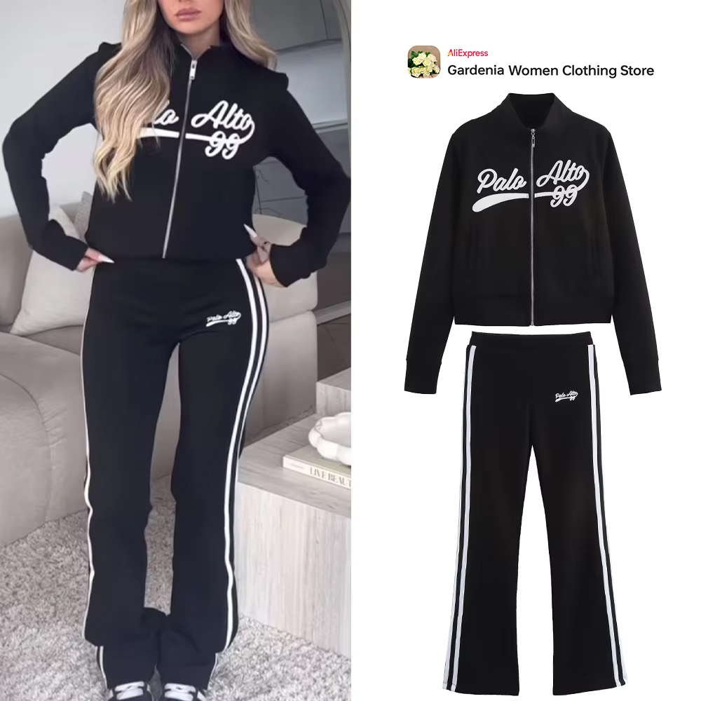 Embroidery Jacket - Casual Women's Black Varsity Sport Set