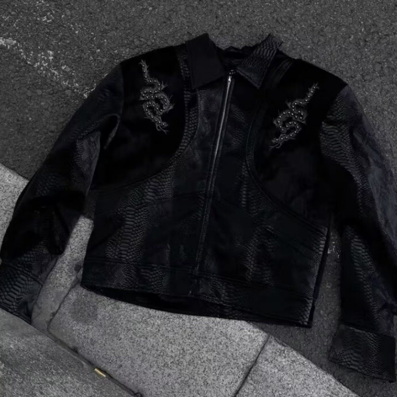 Men Black Snake Embossed Jacke - Embroidery Jacket ulasan dan harga