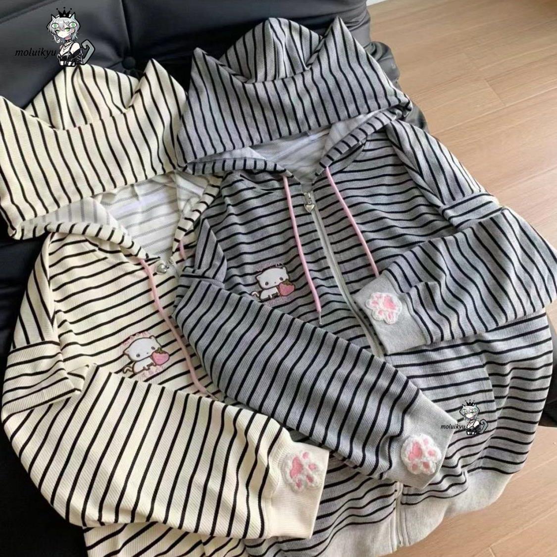 Y2K Women Striped Zip Up Jacke - Embroidery Jacket ulasan dan harga