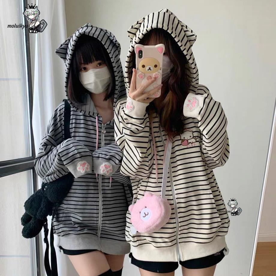 Y2K Women Striped Zip Up Jacke - Embroidery Jacket ulasan dan harga