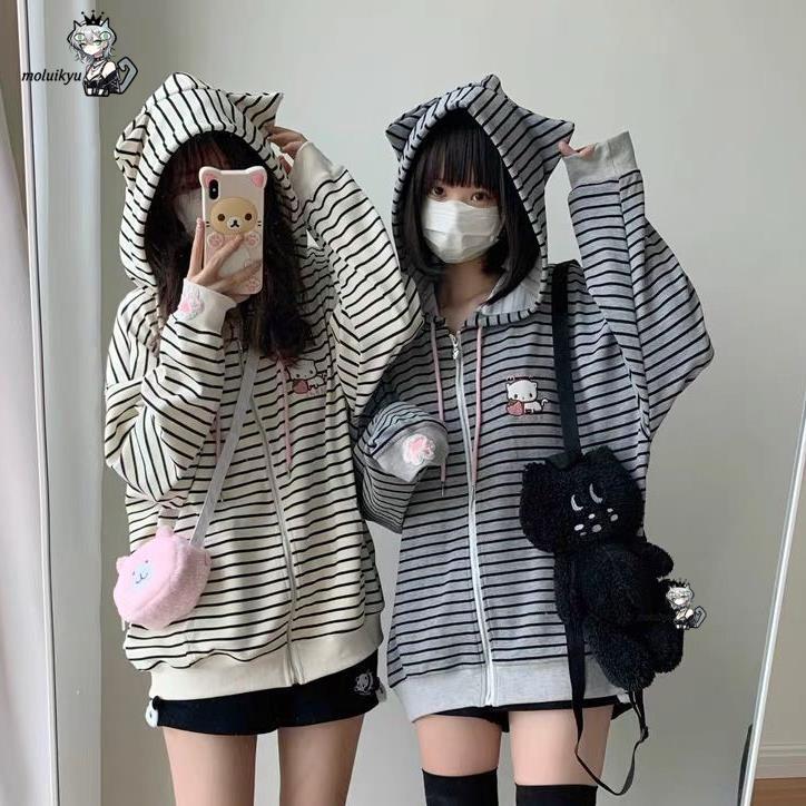Y2K Women Striped Zip Up Jacke - Embroidery Jacket ulasan dan harga