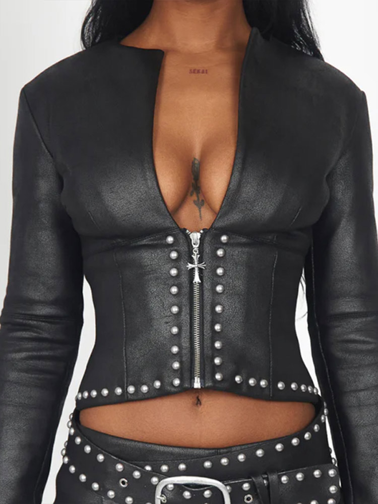 Fashion Rivet Decor Pu Leather - Embroidery Jacket ulasan dan harga