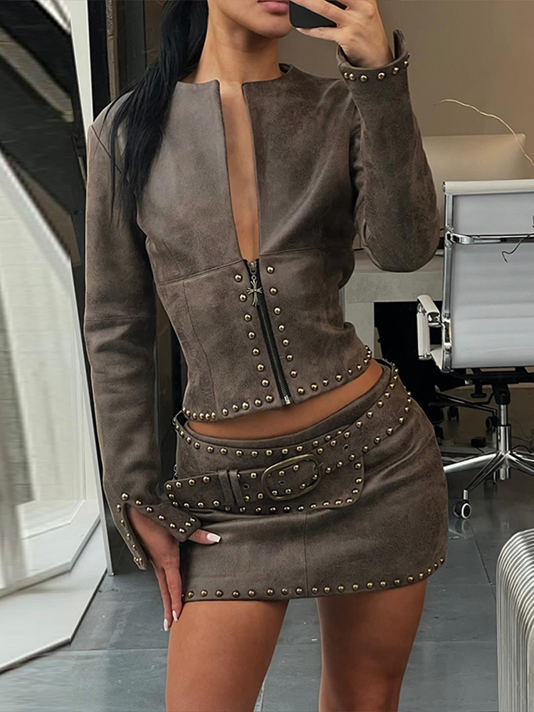 Fashion Rivet Decor Pu Leather - Embroidery Jacket ulasan dan harga