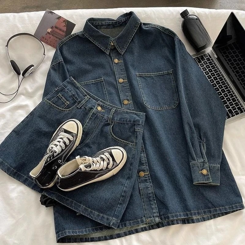 Y2K Denim Skirt Set: Vintage J - Embroidery Jacket ulasan dan harga