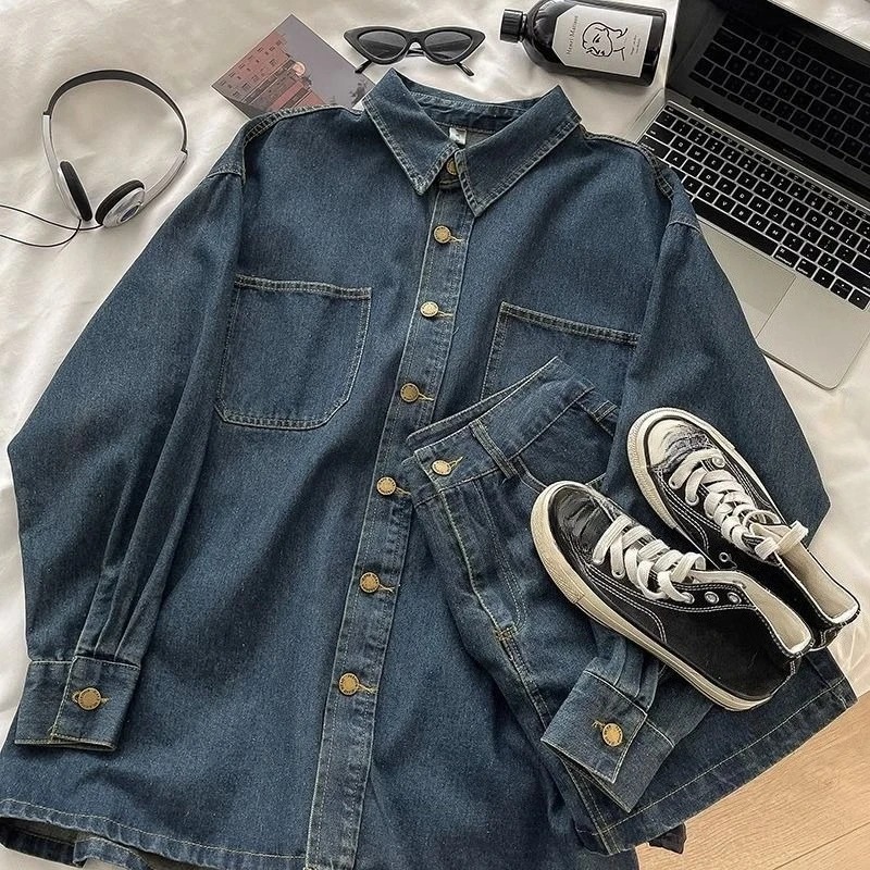 Y2K Denim Skirt Set: Vintage J - Embroidery Jacket ulasan dan harga