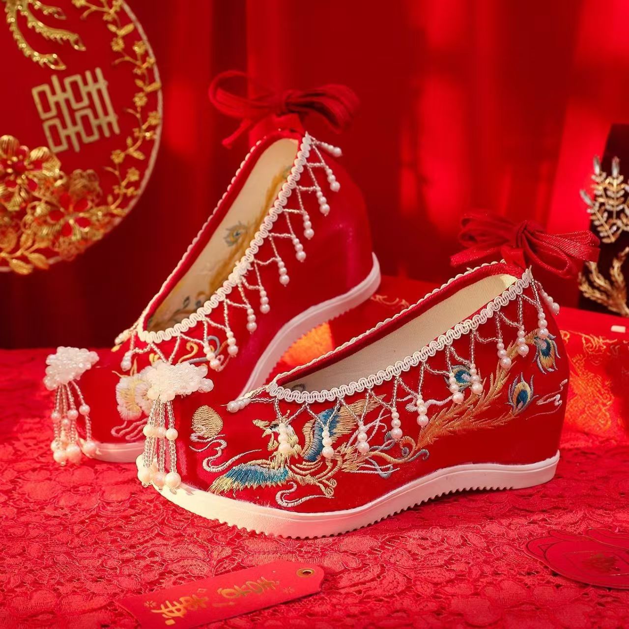 Women New Red Embroidered Wedd - Embroidery Shoes ulasan dan harga